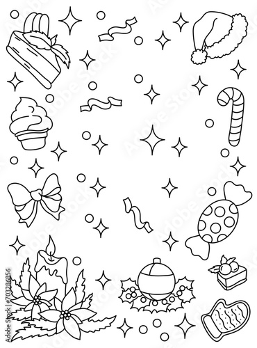 Christmas background with Santa hat, Christmas candies and lollipops, desserts, cakes, gingerbread cookies. Background, coloring page. Black and white vector illustration.