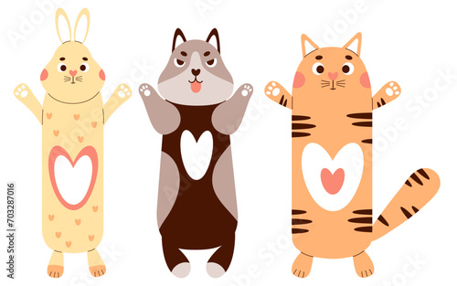 Collection funny animal Large toy pillow. Soft plush pet - cat, dog and rabbit. Anti-stress cuddly oversized pillow toy for sleeping and playing. Isolated vector illustrations in flat style