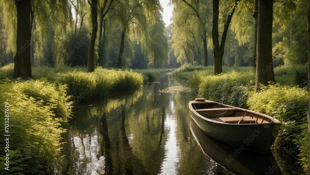 A green rowboat on a calm canal, surrounded by dense forest and soft light creating a tranquil atmosphere.