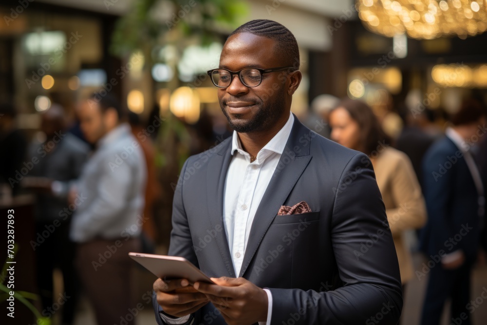 Businessman checking real-time financial data on his digital tablet while standing in a bustling office, Generative AI Businessman checking real-time financial data on his digital tablet while standing in a bustling office, Generative AI