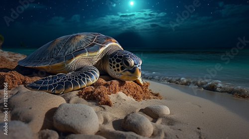 Turtles that nest on the rocky shore. turtles basking on a rocky shore. At night, sea turtles sleep. photo