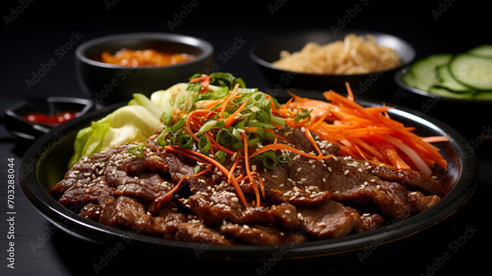 Top view Korean Grilled BBQ combo with marinated beef pork meat set on the traditional grill table