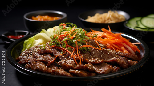 Top view Korean Grilled BBQ combo with marinated beef pork meat set on the traditional grill table