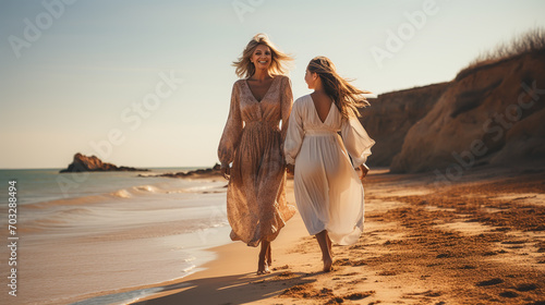 Beach, hug and elderly mother and daughter relax, bond and enjoy quality time freedom, peace or travel vacation. Mamas love, nature wind and happy family portrait of women #703288494