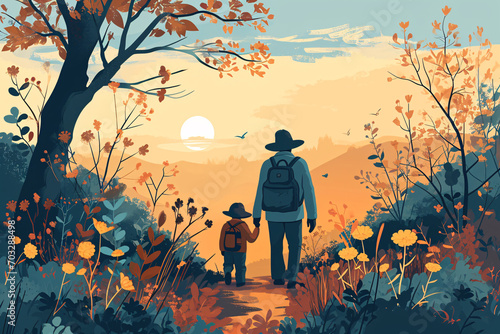 Back view of father and child walking on a path in autumn