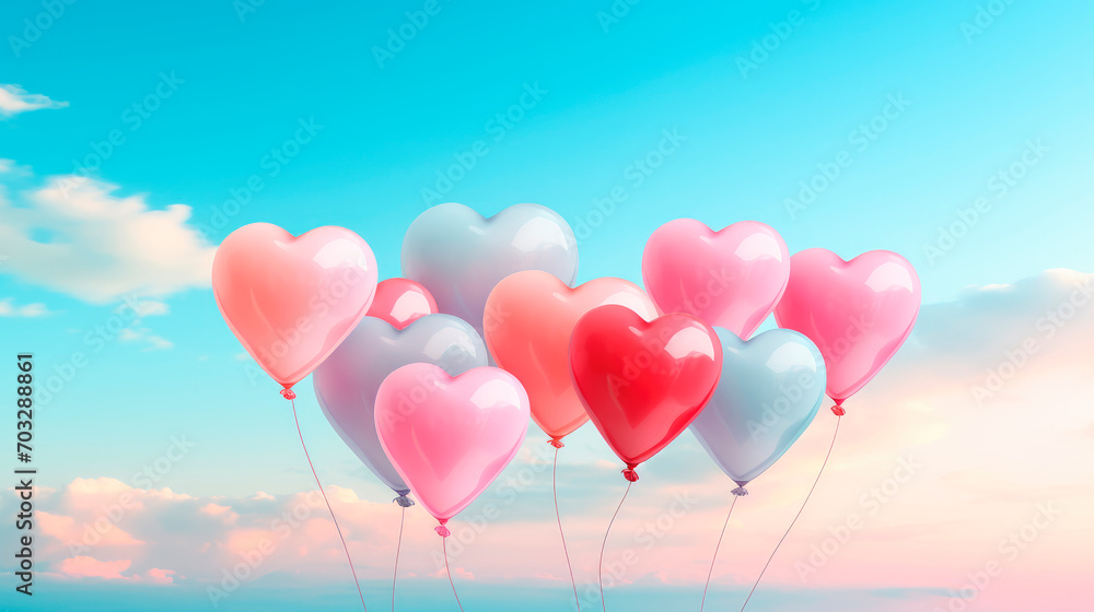 Colorful heart shape balloons from an assortment of pastel colors on a summer sky background.