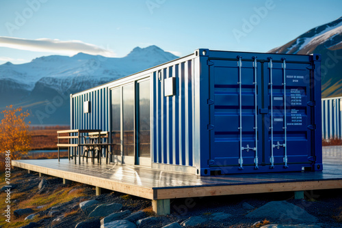 Blue shipping container near beautiful mountains.Great for outdoor experiences and wildlife.