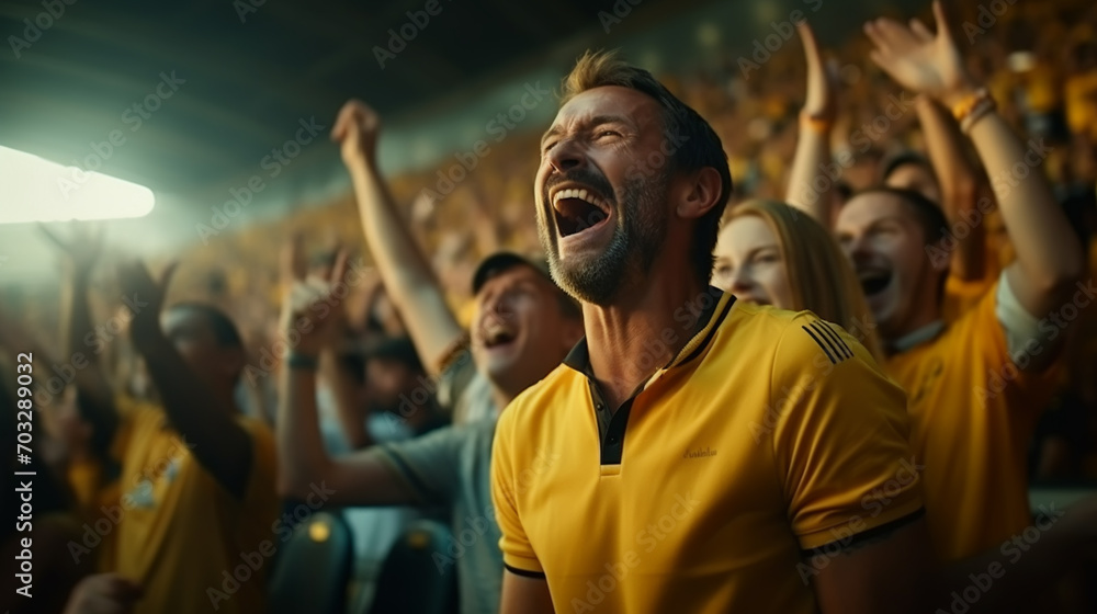 group of fans dressed in yellow color watching a sports event in the stands of a stadium