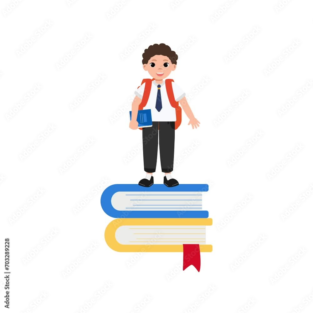 Schoolboy Standing on Textbooks and Waving His Hand Full HD Schoolboy Standing on Textbooks and Waving His Hand Full HD
