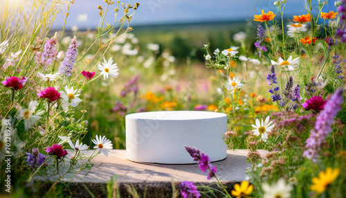 White podium in wildflower meadow  ideal bacground for product showcasing and mockups. © Niko