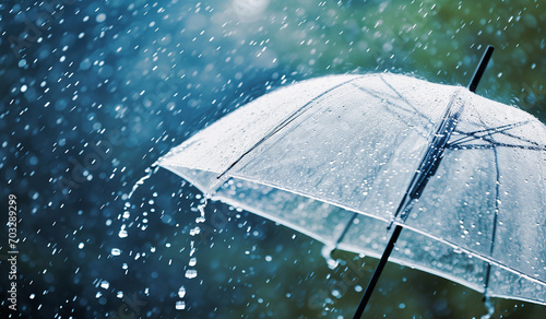 Rain drops falling on an transparent umbrella. Transparent umbrella under rain against water drops.
