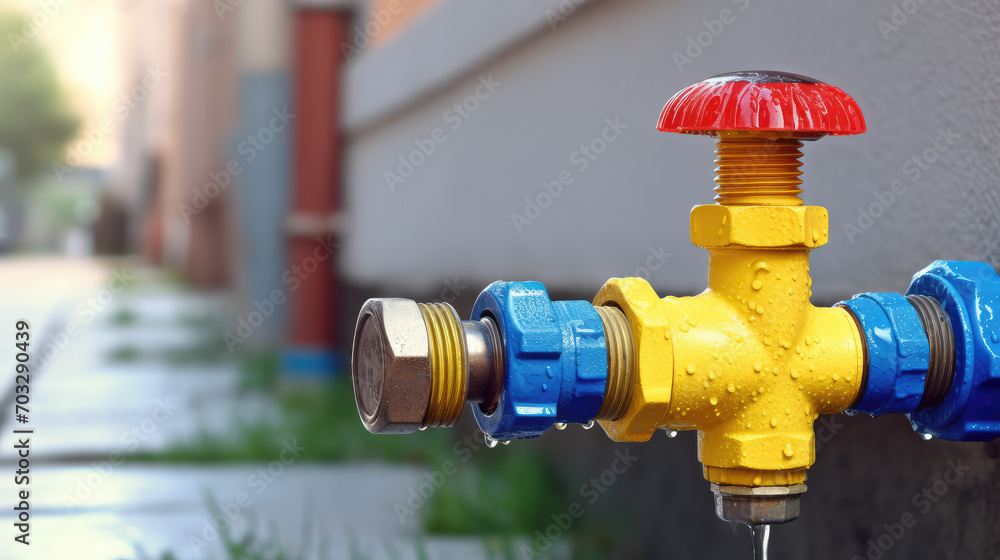 Close-up new metal blue taps with valve for drinking water pipeline. Outdoor water supply tap. Close-up new metal blue taps with valve for drinking water pipeline. Outdoor water supply tap.