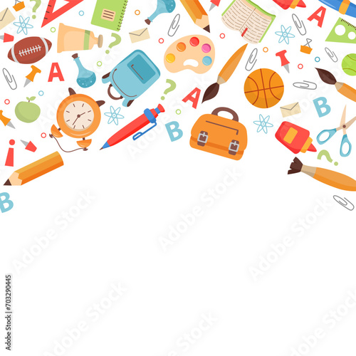 School supplies.Back to school. Education hand drawn symbols. school icon.Design for web, site, advertising, banner, poster.Stationery elements. Office supplies.Sports equipment.Backpack school.