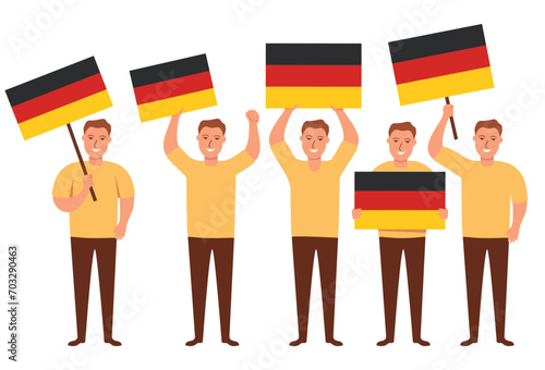 Business people holding german flag. Man in suit hand holding national flag of the federal republic of germany.Character cartoon vector flat illustration. Isolated on white background. photo