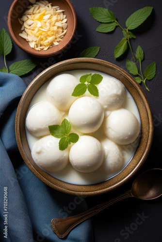 Close-up of a plate of Indian traditional sweet dessert rasgulla, bengali sweets. White Ball dumplings made of chhena dough cooked in a light sugar syrup.  photo