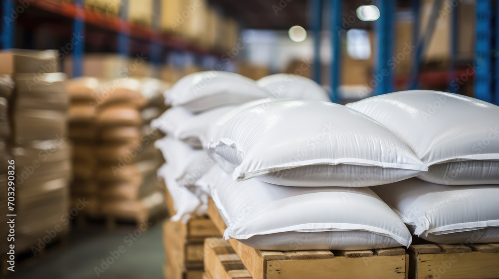 Close-up of a warehouse with bulk rice or sugar bags in a distribution center. White bag rice storage barn, bulk rice procurement, production and transportation of rice. - obrazy, fototapety, plakaty 
