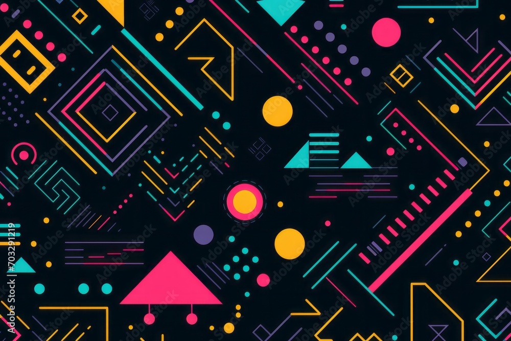 Celebrate the bold aesthetics of the 80s in your design with a background filled with patterns inspired by retro arcade games and geometric motifs, Generative AI Celebrate the bold aesthetics of the 80s in your design with a background filled with patterns inspired by retro arcade games and geometric motifs, Generative AI