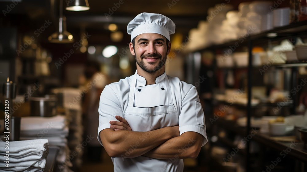 Smiling chef in his kitchen - obrazy, fototapety, plakaty 