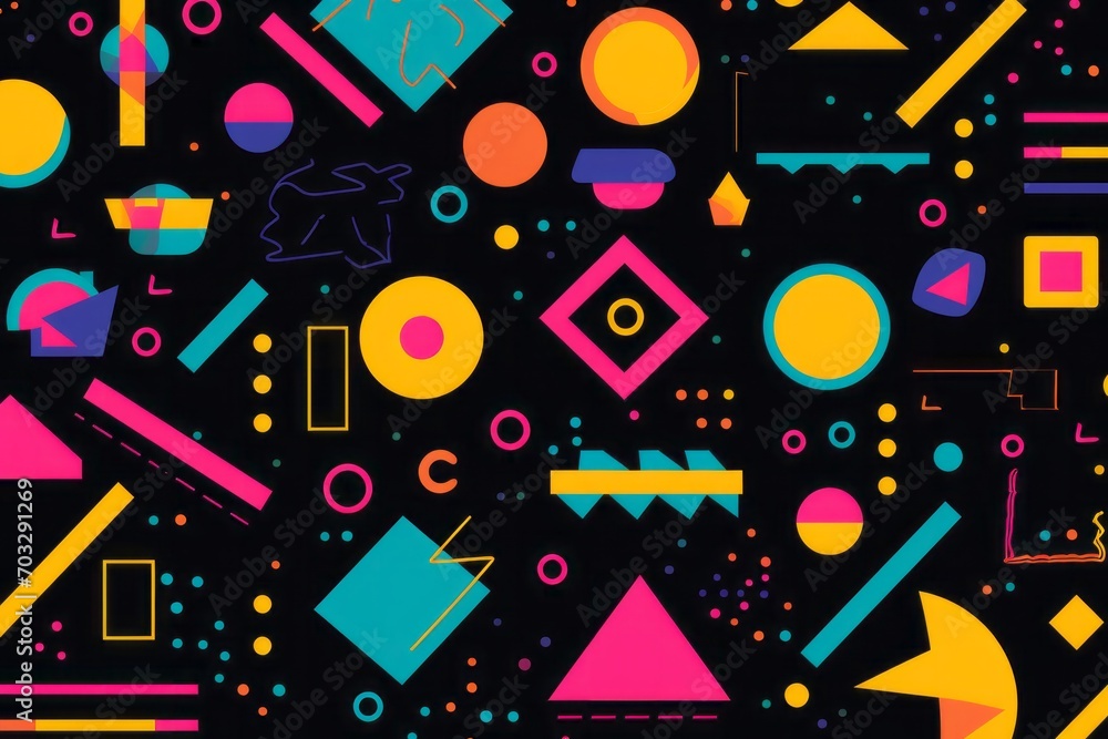 Celebrate the bold aesthetics of the 80s in your design with a background filled with patterns inspired by retro arcade games and geometric motifs, Generative AI Celebrate the bold aesthetics of the 80s in your design with a background filled with patterns inspired by retro arcade games and geometric motifs, Generative AI
