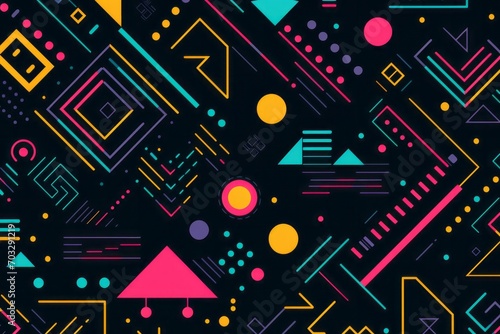  Celebrate the bold aesthetics of the 80s in your design with a background filled with patterns inspired by retro arcade games and geometric motifs, Generative AI