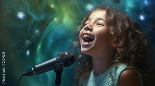 Little Caucasian Musician Girls Singing with Microphone: Cute and Talented Young Singers Performing a Pop Song on Stage with Joyful Expression and Youthful Energy on a Happy Concert Background.