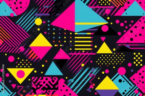 Celebrate the rad style of the 80s in your design with a patterned background, showcasing bold geometric patterns, vibrant colors, Generative AI 