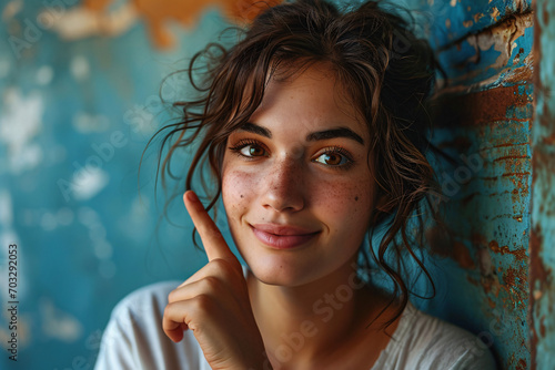 Smiling woman with curly hair against blue textured backdrop