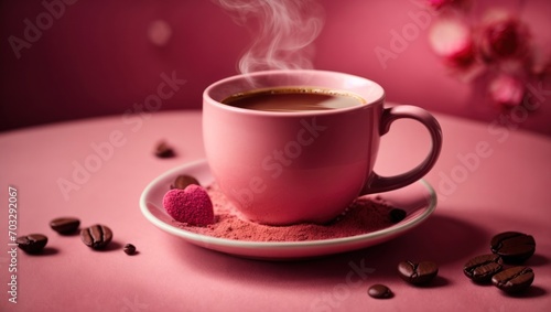 Cup of coffee with heart-shaped marshmallow on pink background