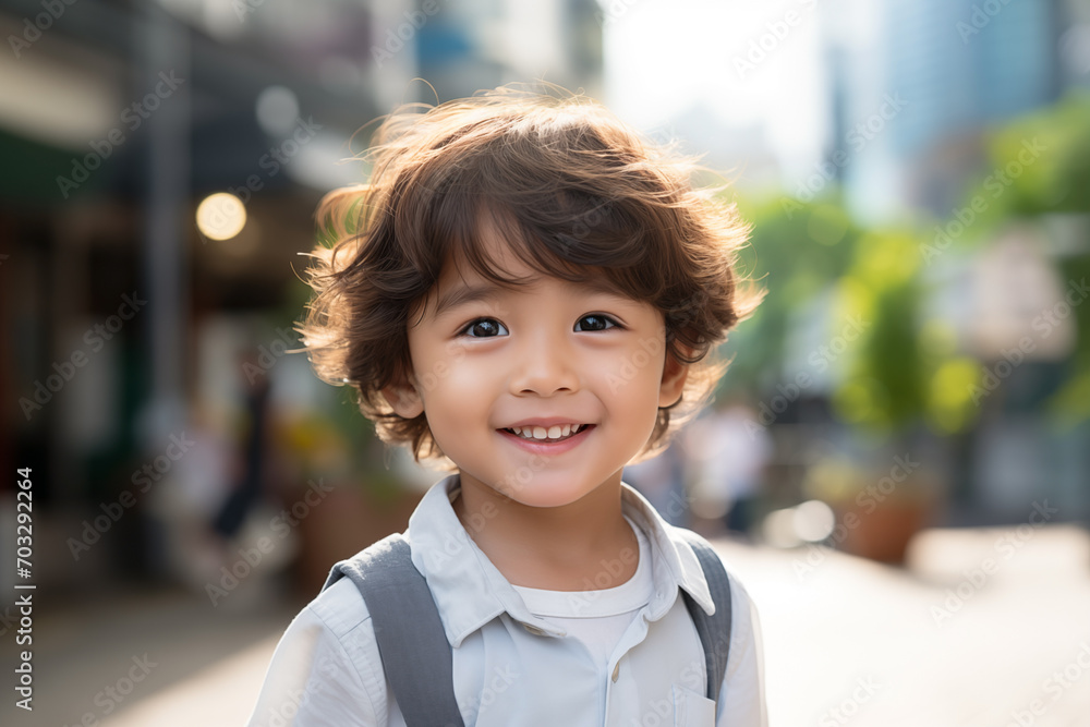 Portrait of Asian happy boy looking at camera. Cute kid looking carefree in casual clothes Portrait of Asian happy boy looking at camera. Cute kid looking carefree in casual clothes