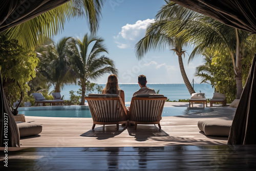 Rear view of couple relaxing on couch in luxury hotel. Summer, holiday, relax and lifestyle concept