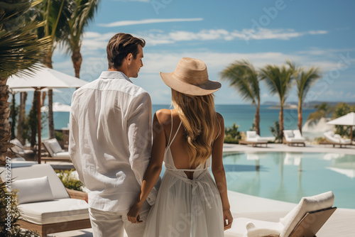 Couple relaxing in luxury tropical beachfront hotel. Summer, holiday, relax and lifestyle concept