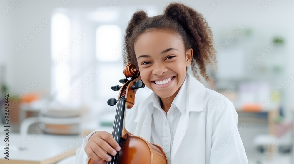Happy smiling teenage girl playing violin in classroom at school background. Music school, additional creative classes, additional education course for children. Happy smiling teenage girl playing violin in classroom at school background. Music school, additional creative classes, additional education course for children.