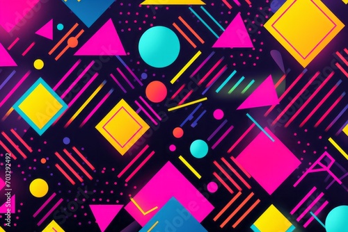 Travel back to the vibrant 80s with a retro-patterned background, featuring bold geometric shapes and neon hues, Generative AI
