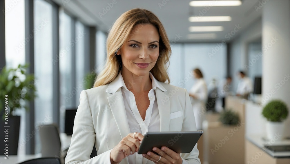 Smiling businesswoman with blonde hair in a white blazer holding a tablet in a modern office setting.