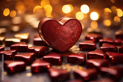 Romantic Love Celebration: Red Heart on Shiny Wooden Background with Bokeh Lights