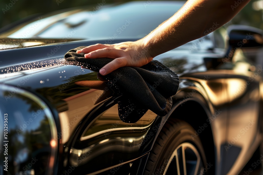 Person's hand polishing the exterior of a black car with a microfiber cloth Person's hand polishing the exterior of a black car with a microfiber cloth