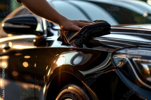 Person's hand polishing the exterior of a black car with a microfiber cloth