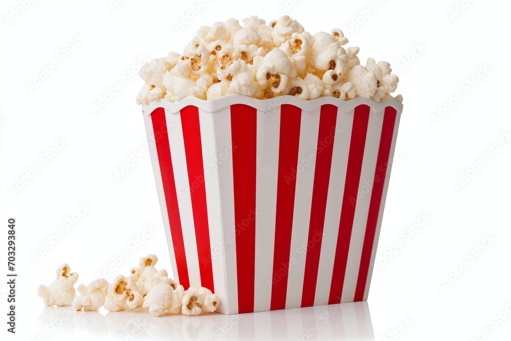 AI generated illustration of a classic red and white striped popcorn box filled with fluffy popcorn AI generated illustration of a classic red and white striped popcorn box filled with fluffy popcorn