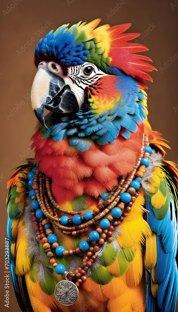 Obraz premium Parrot dressed in hippy clothes. Humanization of animals concept