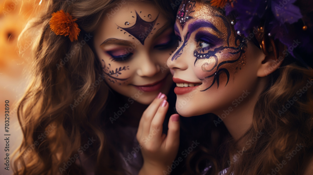 Fototapeta premium Mom and daughter in witch costumes are celebrating Halloween. Halloween holiday.