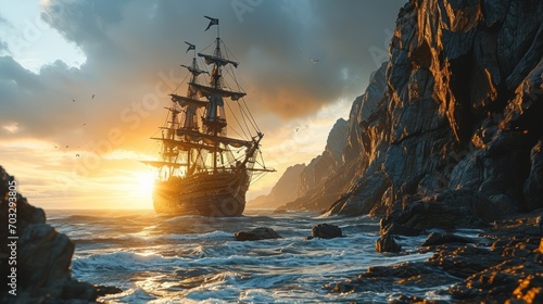 A historic sailing ship sails off a rocky shore against the backdrop of sunset, where the last rays of the sun are reflected on the waves of the sea