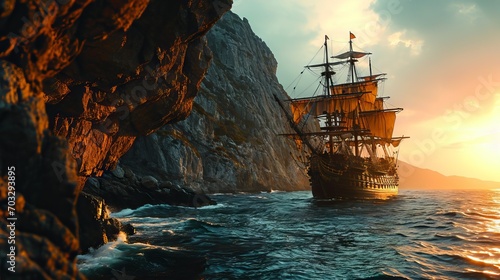 A ship at sunset sails along a rocky coast, washed by sea waves, in the golden tones of the setting sun