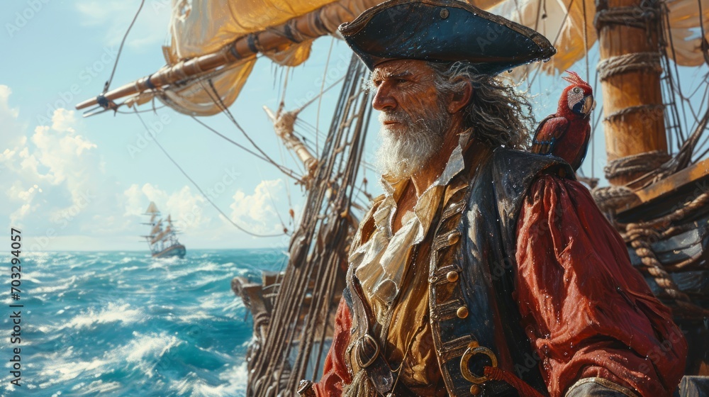 A male pirate with a white beard and a triangular hat stands at the ...