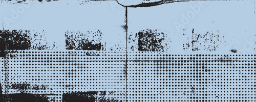 Light blue and black grunge background with dot halftone pattern. Abstract retro pixel vector banner.