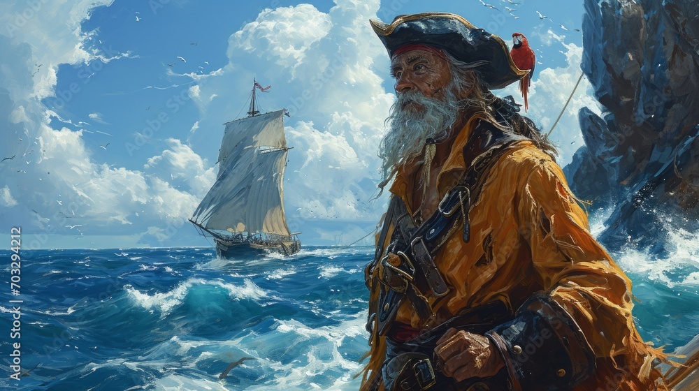 Fototapeta premium an old sea pirate dressed in a yellow sea cloak, standing on a rocky shore overlooking a stormy sea, along which a majestic sailboat sails in the distance