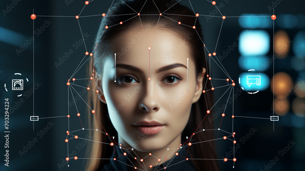 Authentication by facial recognition concept. Biometric. Security system. - obrazy, fototapety, plakaty 