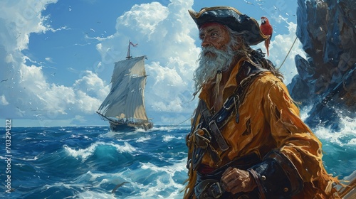 Vászonkép an old sea pirate dressed in a yellow sea cloak, standing on a rocky shore overl