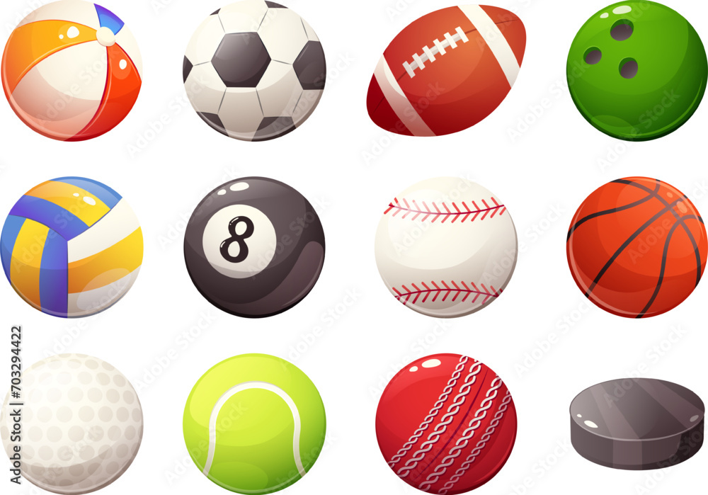 Set, collection of balls for sports games. Vector illustration in cartoon style. Elements on transparent background Set, collection of balls for sports games. Vector illustration in cartoon style. Elements on transparent background