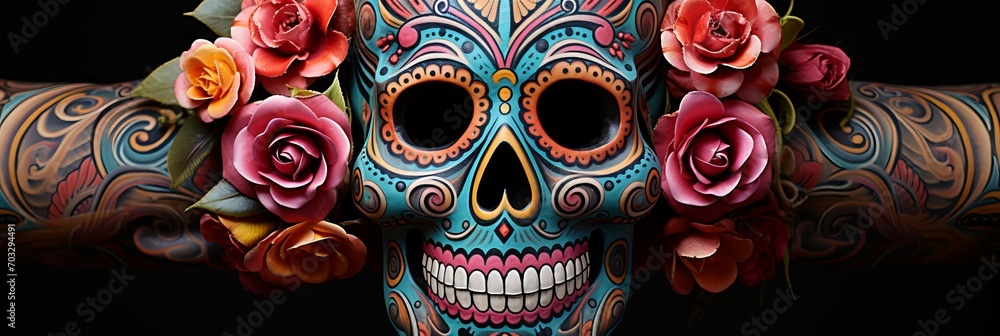 Artificial head image with vibrant traditional Mexican Day of the Dead painting, decorated with flowers and ethnic patterns, on a black background.
