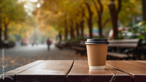 coffe in a paper cup on a table in autumn park